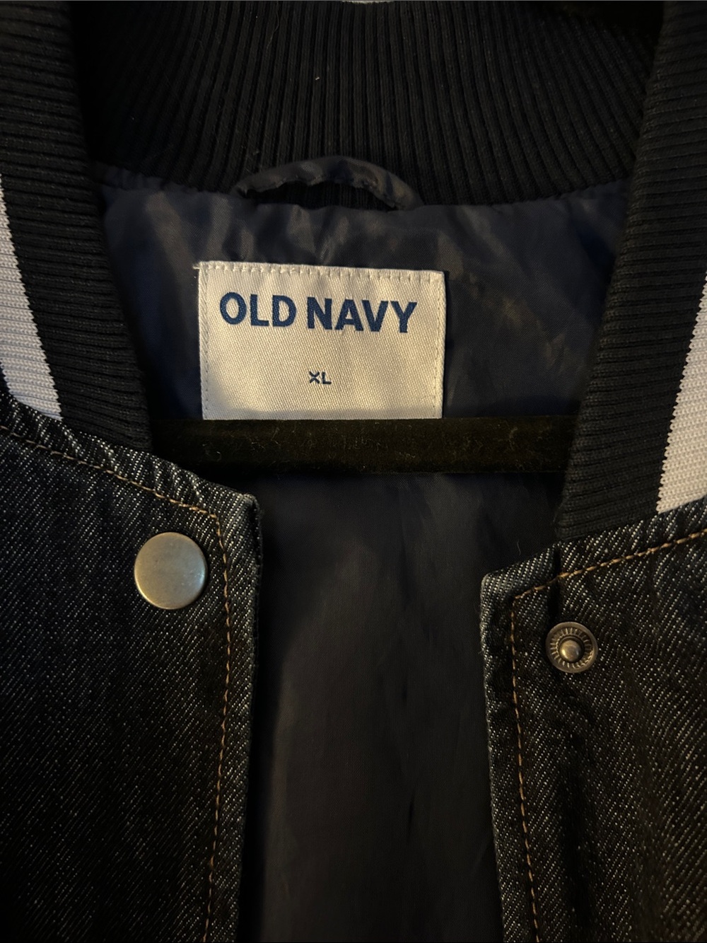 Old Navy Black Denim Jacket with White-Trim Ribbed Collar - Picture 2 of 4